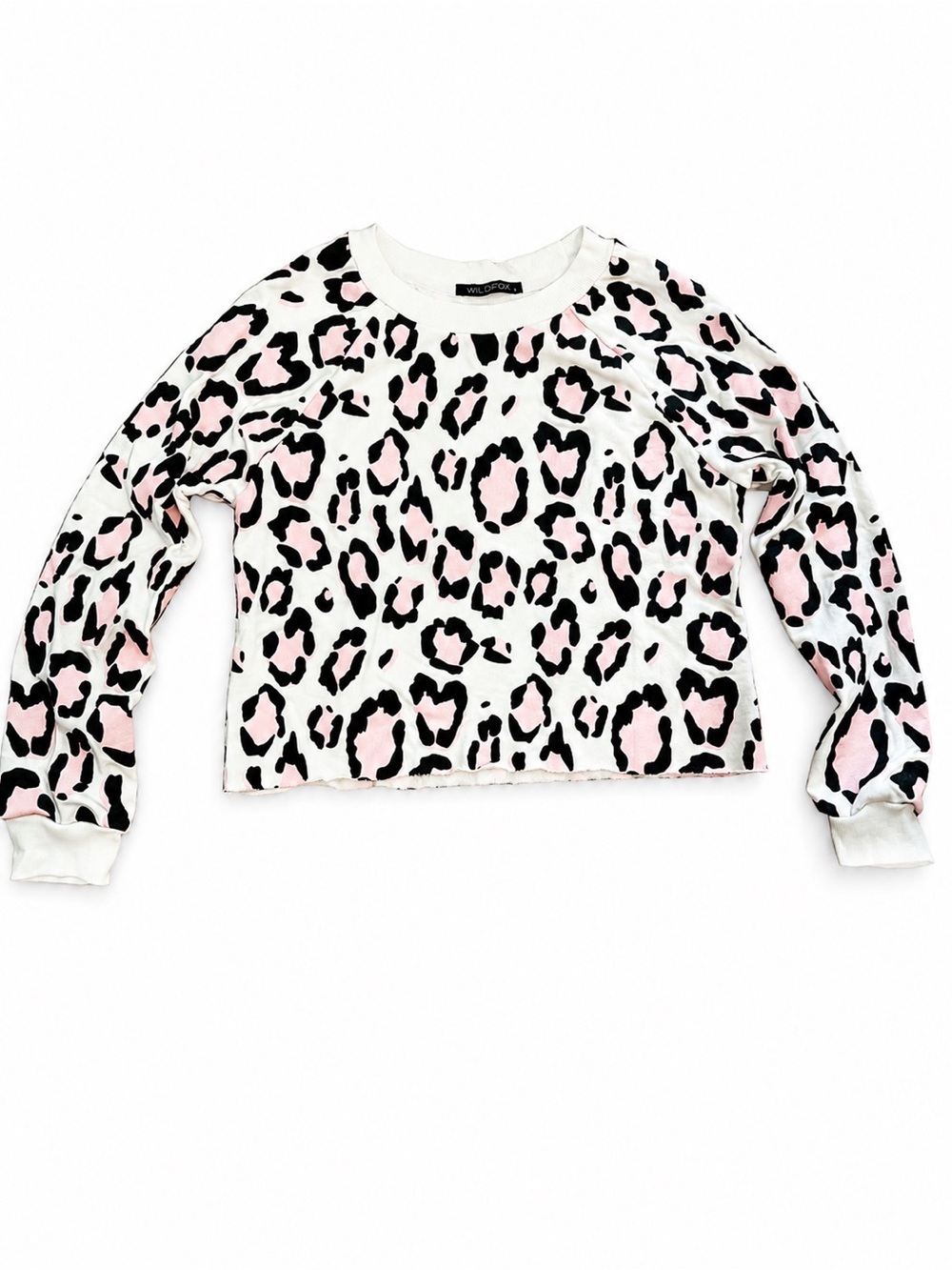 Wildfox White Crewneck Sweater with Pink and Black Leopard Print